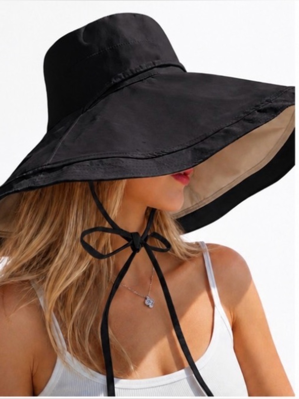NWT Wide Brim Drawstring Sun Hat in Black with Tan Lining